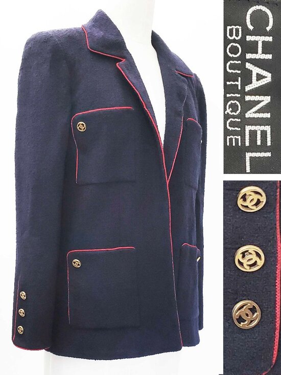 CHANEL Jackets & Blazers - CHANEL Boutique Womens Vintage Navy Wool Boucle Blazer Logo CC Buttons Red Trim
